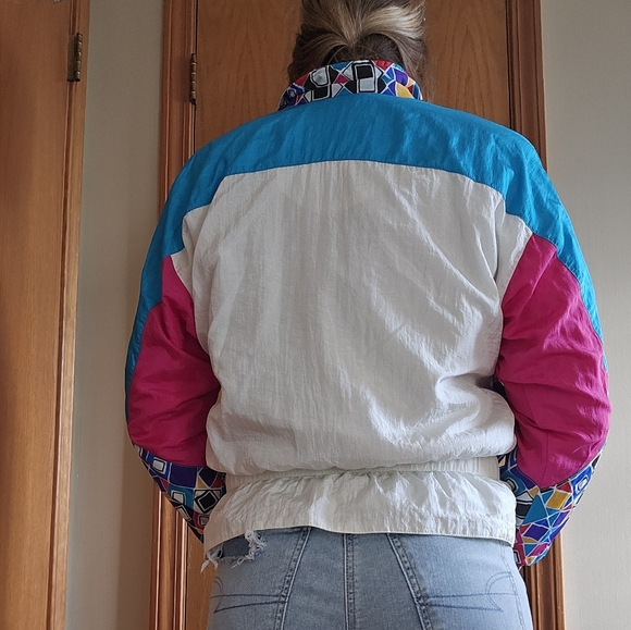 80s/90s Brightly Colored Geometric Windbreaker Jacket - Picture 3 of 7